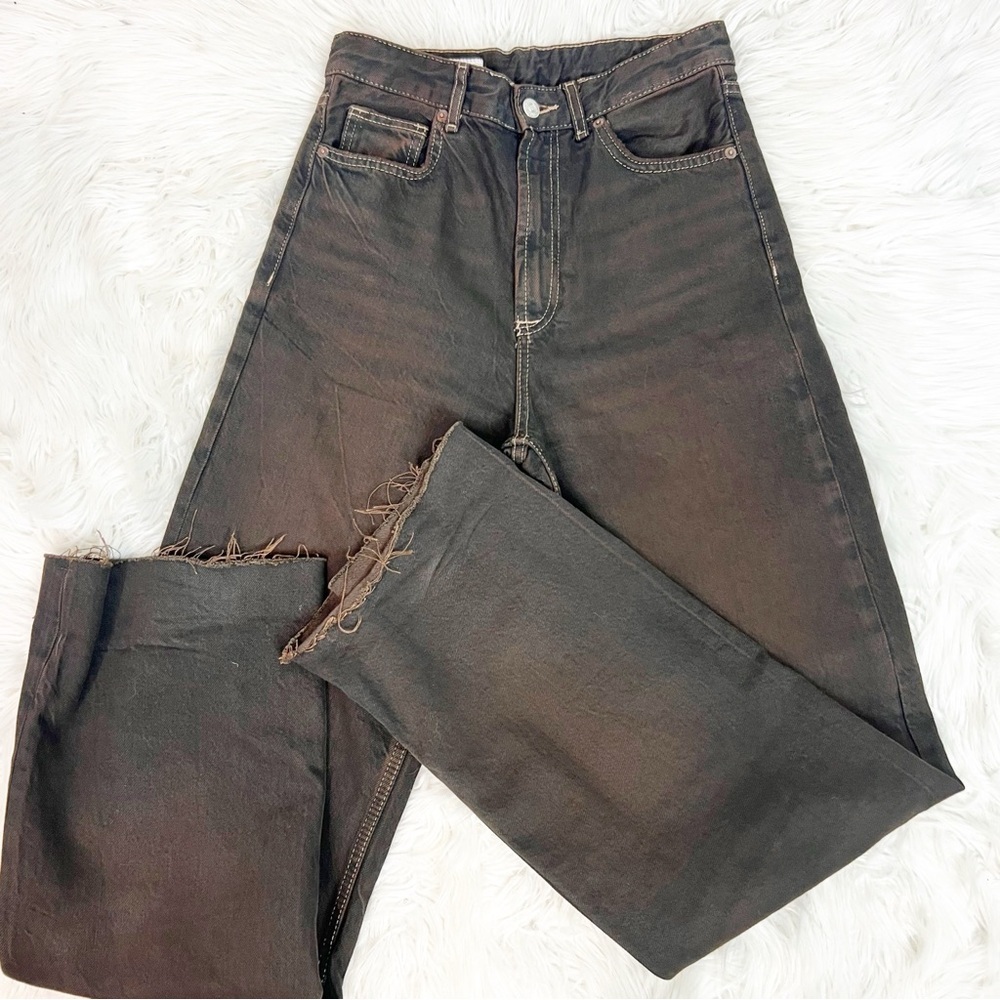 ZARA BROWN WIDE LEG HIGH RISE FRAY HEM JEANS WOMENS SZ 4